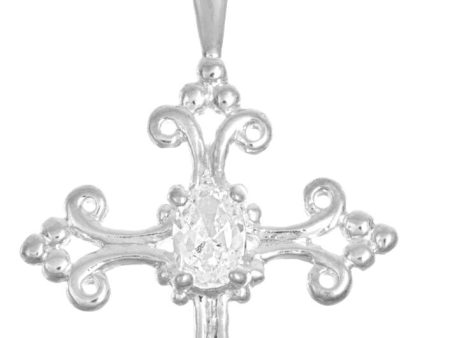 Ladies Sterling Silver 16 Inch Cubic Zirconia 22mm Cross Necklace For Sale