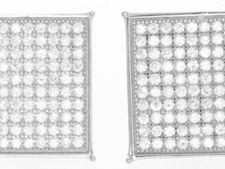 Sterling Silver White CZ Stones 13mm Square Stud Unisex Earrings For Sale