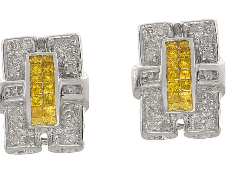 Women s 13mm 14k White Gold Yellow .93ct Diamond Rectangle Earrings Hot on Sale