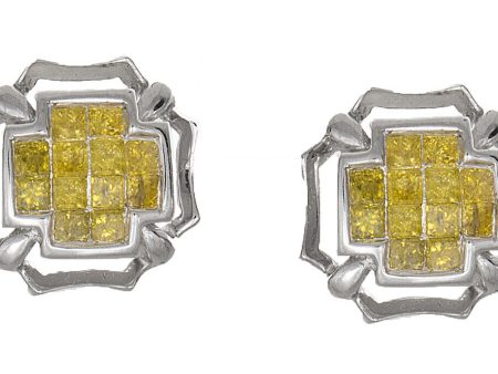 Women s 12mm 14k White Gold Yellow .91ct Diamond Earrings Cheap