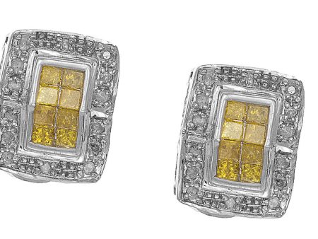 Women s 12mm 14k White Gold Yellow 1.13ct Diamond Rectangle Earrings Hot on Sale