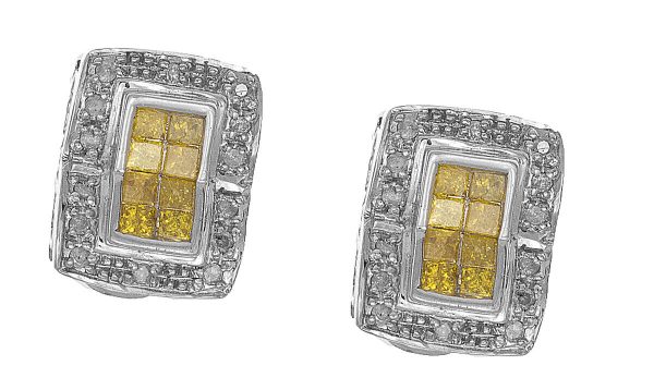 Women s 12mm 14k White Gold Yellow 1.13ct Diamond Rectangle Earrings Hot on Sale