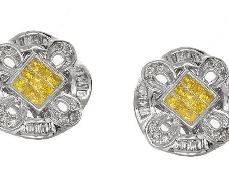 Women s 11mm 14k White Gold Yellow .89ct Diamond Stud Round Earrings Hot on Sale