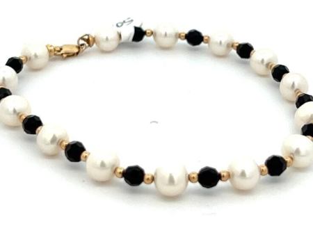 14K Yellow Gold Black Crystal and White Pearl Color Ladies Bracelet Online Hot Sale