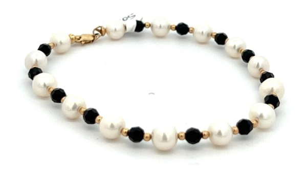 14K Yellow Gold Black Crystal and White Pearl Color Ladies Bracelet Online Hot Sale